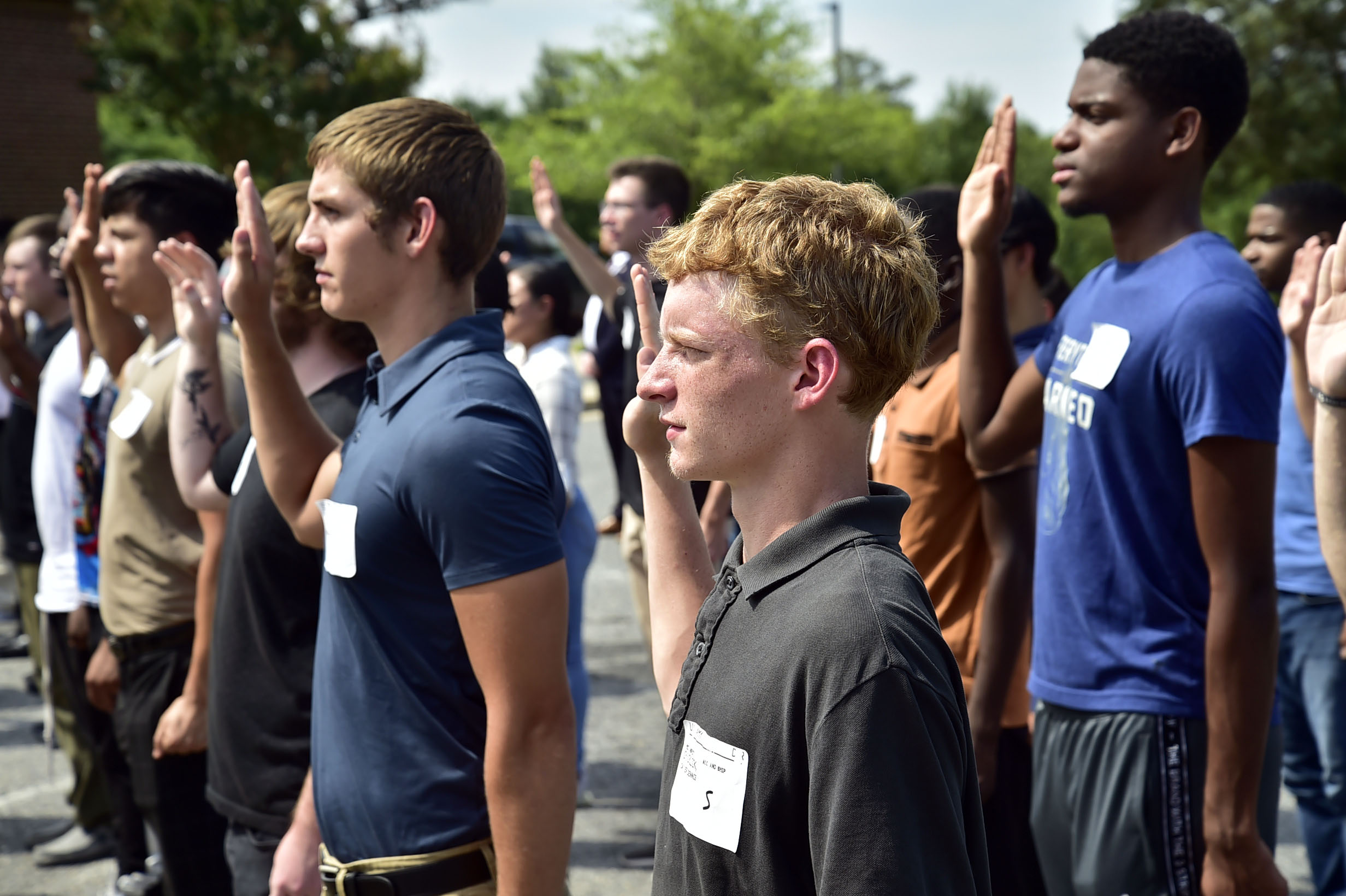 Military recruits take oath of enlistment from Secretary of Defense Lloyd J. Austin III during enlistment ceremony on Fort George G. Meade, July5, 2023 (U.S. Army/Jasmyne Ferber)
